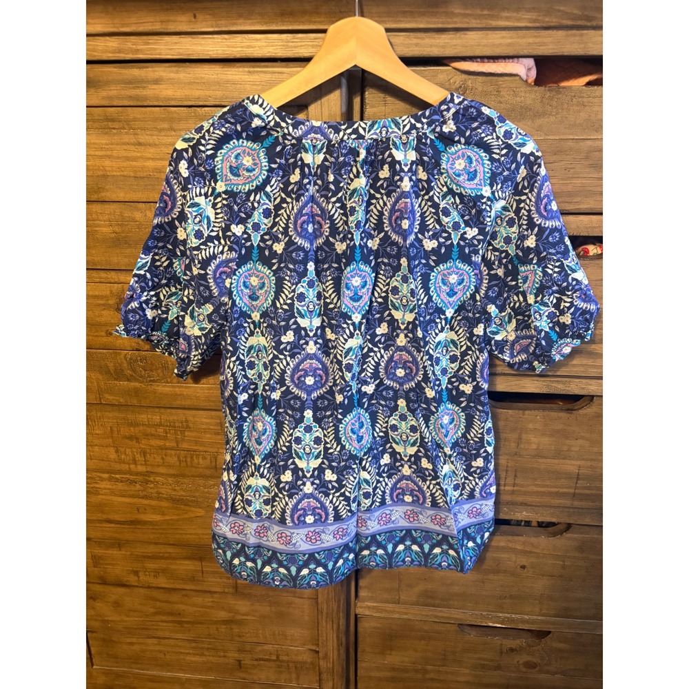 Talbots Petite Blue Paisley Floral Cotton Puff Sleeve Tie Neck Blouse MP - Picture 5 of 5